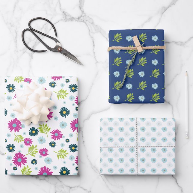 Daisy Pink Blue Floral Green Leaf Muster Geschenkpapier Set (Vorderseite)