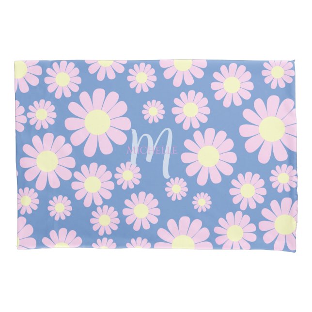 Daisy Pink Blue Monogram Kissenbezug (Vorderseite)