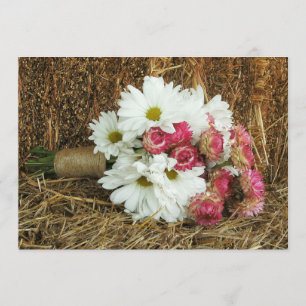 Daisy & Pink Bouquet & Hay Country Wedite Einladung