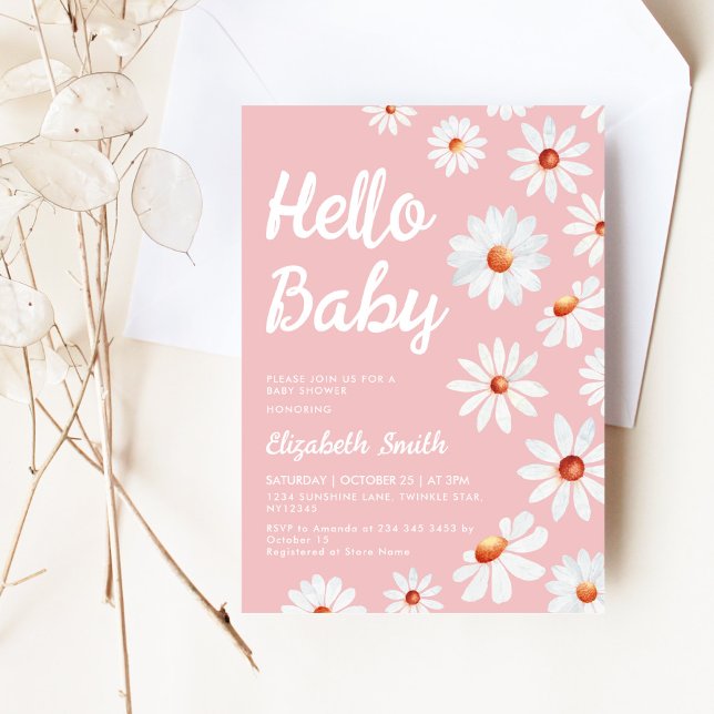 Daisy Pink Hello Baby Girl Baby Shower Einladung (Von Creator hochgeladen)
