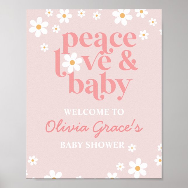 Daisy Pink Retro Peace Liebe Kinderdusche Willkomm Poster (Vorne)