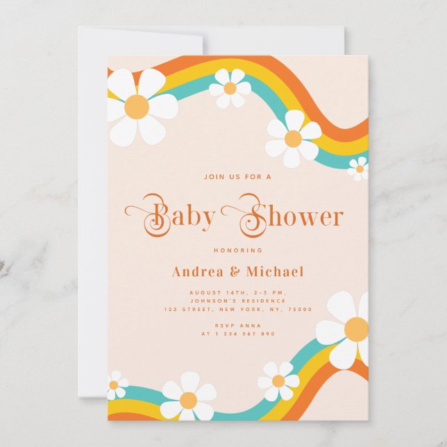 Daisy Rainbow Retro Typografie Hippie Baby Shower Einladung (Vorderseite)