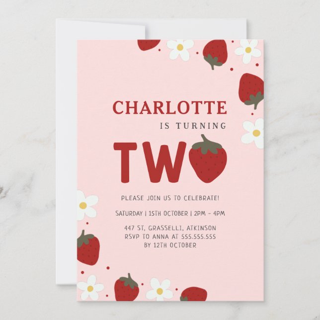 Daisy Red Strawberry 2. Sommer Geburtstag Einladung (Vorderseite)