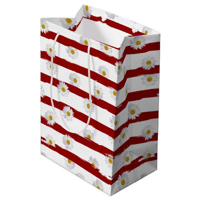 Daisy Red Stripes Medium Geschenktasche Mittlere Geschenktüte (Rückseite Schrägansicht)