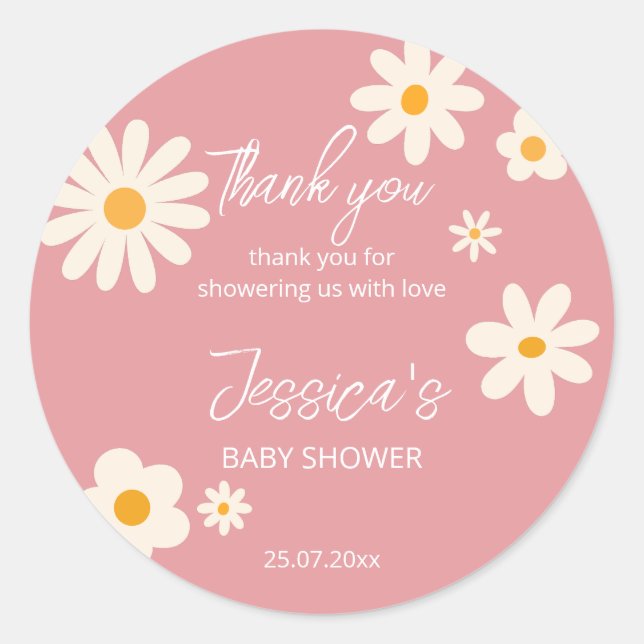 Daisy Retro rosa Wüste Baby Dusche boho Runder Aufkleber (Vorderseite)