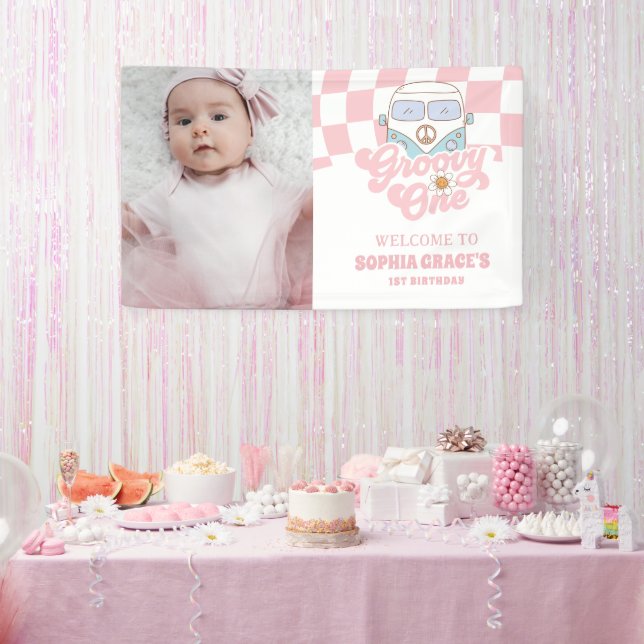 Daisy & Retro Van Pink Groovy 1. Geburtstag Banner (Party)