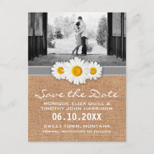 Daisy Ribbon - Burlap Grau & White Save the Date Ankündigungspostkarte