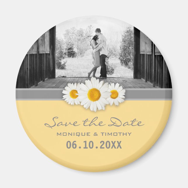 Daisy Ribbon - Gelb, grau und weiß Save the Date Magnet (Vorne)