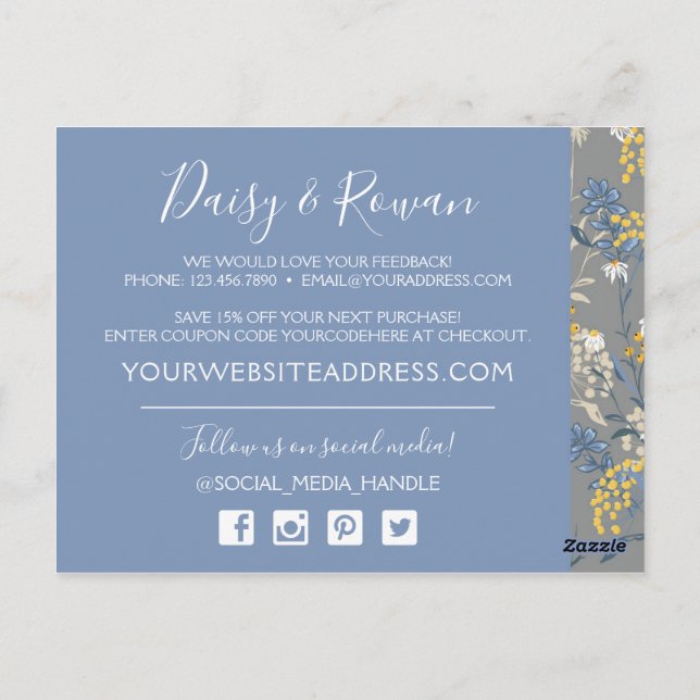 Daisy Rowan Navy & Yellow Botanical Vielen Dank Postkarte (Rückseite)