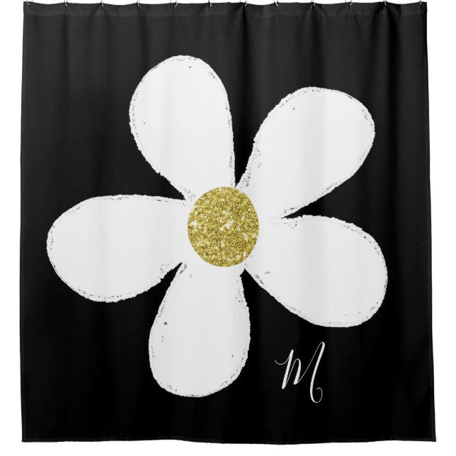 Daisy Schwarz-weiß Simple Floral Gold Personal Duschvorhang (Vorderseite)