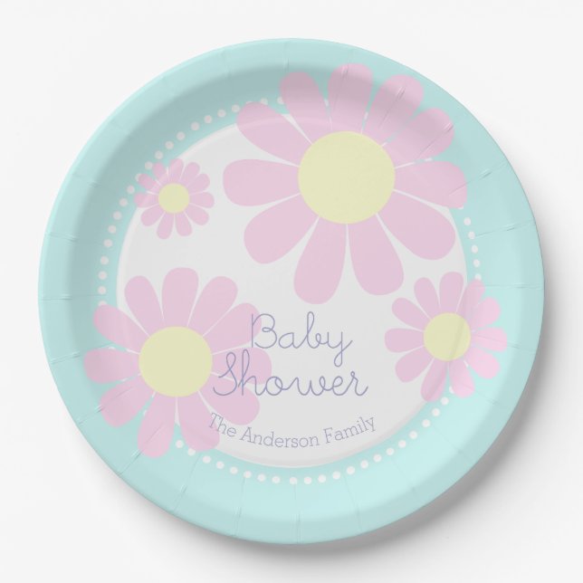 Daisy Simple Baby Shower Blue Paper Plate Pappteller (Vorderseite)