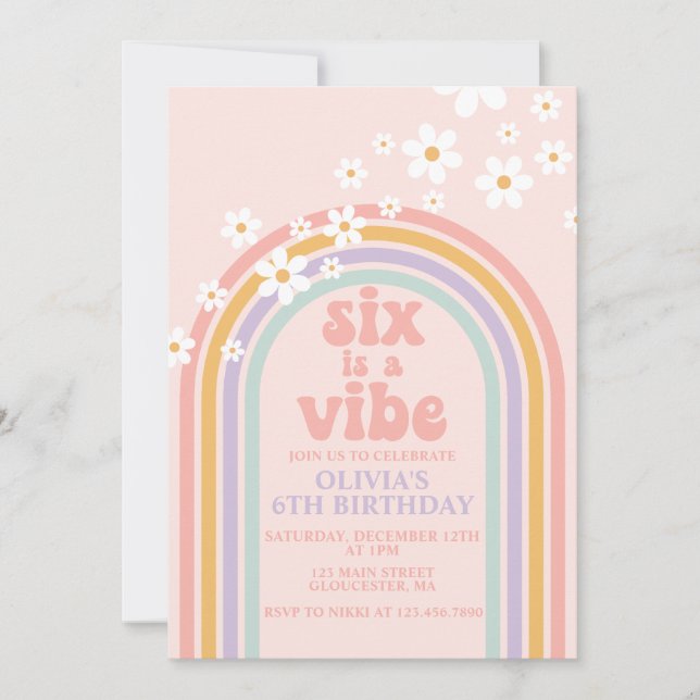 Daisy Six ist ein Vibe Pastel Regenbogen 6. Geburt Einladung (Vorderseite)