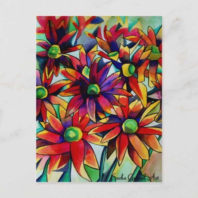 Daisy Straw mehrfarbige Wildblumen Kunst Postkarte (Vorderseite)