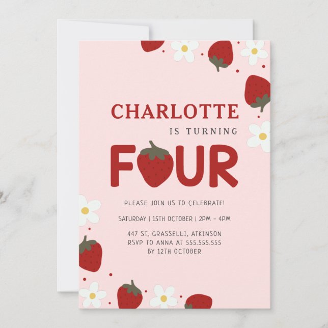 Daisy Strawberry Pink 4. Sommer Geburtstag Einladung (Vorderseite)