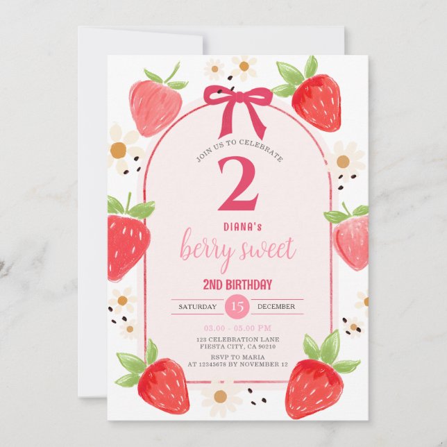 Daisy Strawberry Second Birthday Party Invite Einladung (Vorderseite)