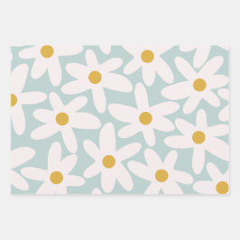 Daisy Time Niedlich Retro Blumenmuster Ice Blue Geschenkpapier Set
