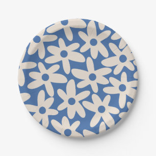 Daisy Time Niedlich Retro Blumenmuster in Blau Pappteller