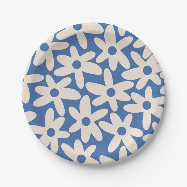 Daisy Time Niedlich Retro Blumenmuster in Blau Pappteller (Vorderseite)