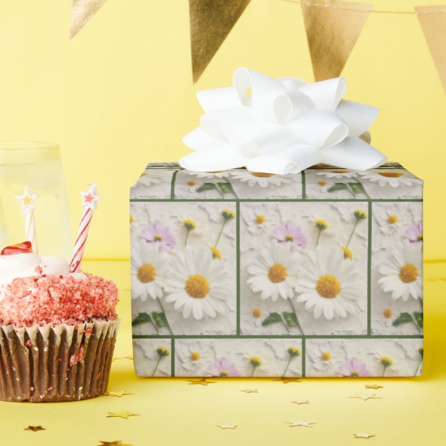 Daisy- und Kosmos-Blume auf bedrücktem Papier Geschenkpapier (Geburtstagsparty)