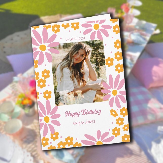 Daisy Warm Florals Foto Happy Birthday Karte (Daisy Warm Florals Photo Happy Birthday Card)