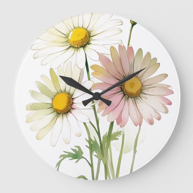Daisy Watercolor Blume Moderne Beruflich Große Wanduhr (Vorderseite)