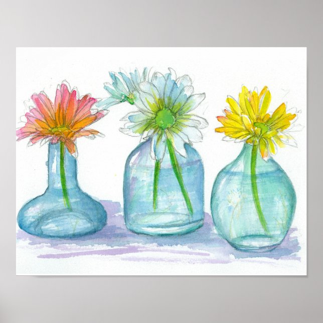 Daisy Watercolor Painting Pink Yellow Daisies Poster (Vorne)