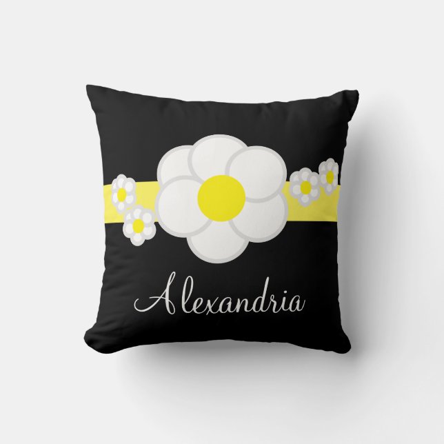 Daisy White Black Yellow Strip Kissen (Vorderseite)