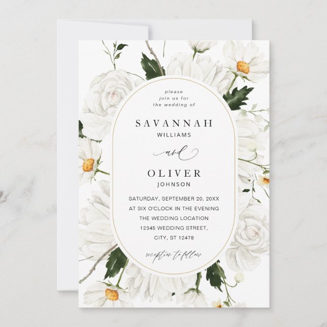 Daisy White Floral Wedding V3 Einladung (Vorderseite)