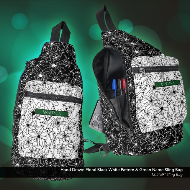 Daisy Wildblume Schwarz-weißes Muster und grüner N Crossbody Bag (Sling Bag: Hand Drawn Floral Pattern in Black White, Personalized with Name in Green)