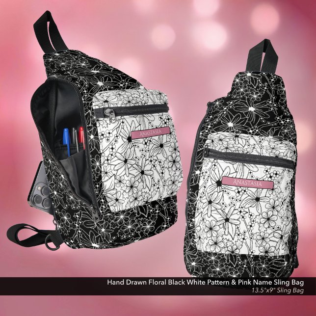Daisy Wildblume Schwarz-weißes Muster und Rosa Nam Crossbody Bag (Sling Bag: Hand Drawn Floral Pattern in Black White, Personalized with Name in Pink)