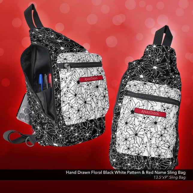 Daisy Wildblume Schwarz-weißes Muster und Roter Na Crossbody Bag (Sling Bag: Hand Drawn Floral Pattern in Black and White, Personalized with Name in Red)