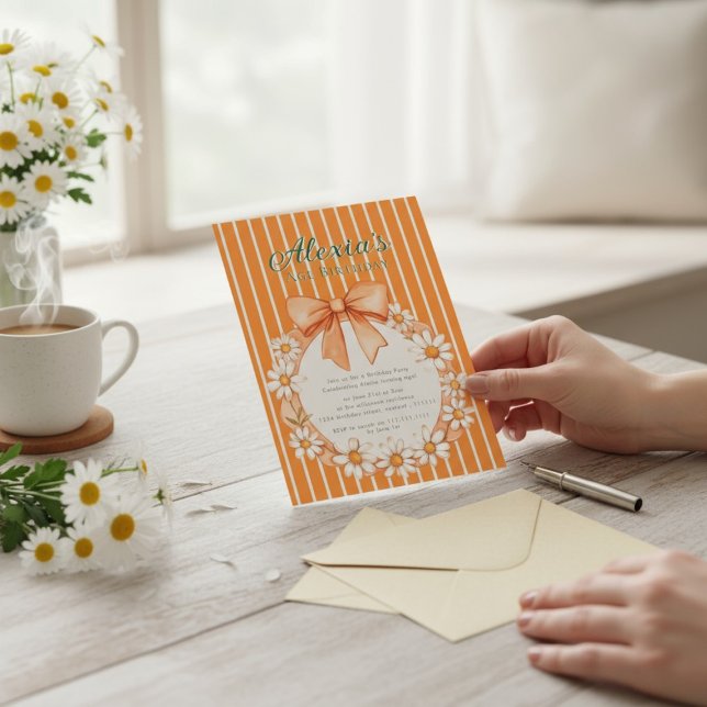 Daisy Wreath Orange Stripe Birthday invitation Einladung (Von Creator hochgeladen)