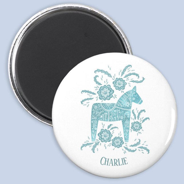 Dala Horse Aquamariner schwedischer Folk Art Indiv Magnet (Swedish Dala Horse personalized custom name magnet)