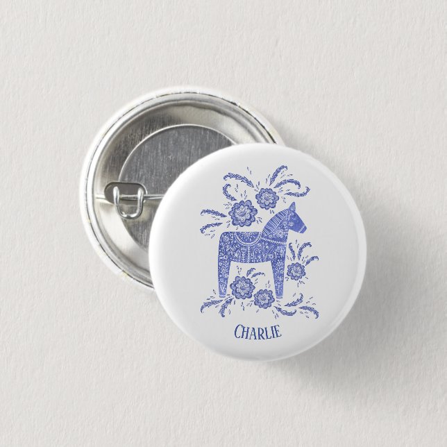 Dala Horse Blue Swedish Folk Art Custom Name Button (Vorne & Hinten)