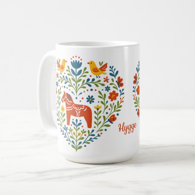 Dala Horse Folk Art Hygge Heart Pattern Mug Kaffeetasse (Vorderseite Links)
