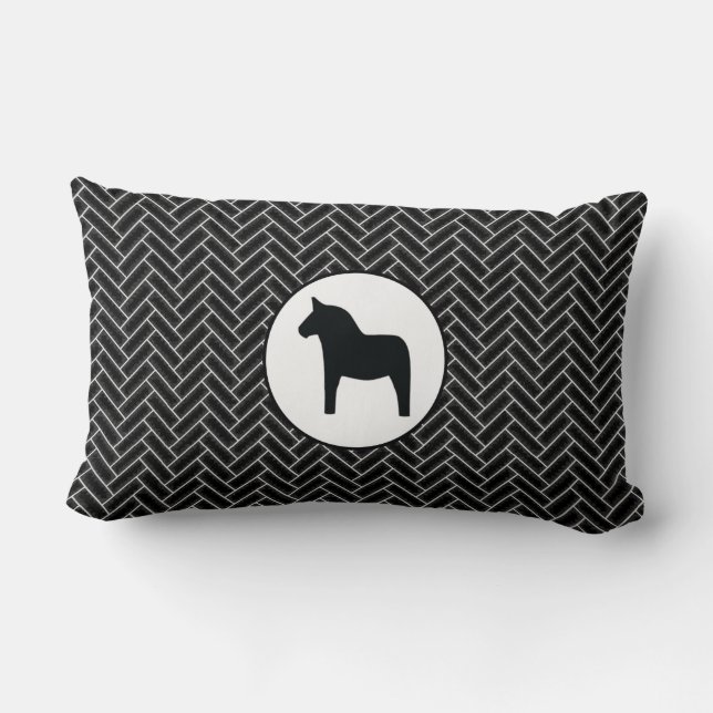 Dala Horse Schwarz-weiß Herringbone Throw Kissen (Rückseite)