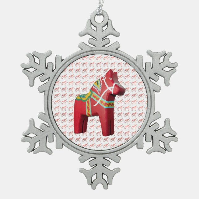 Dala Horse Snowflake Weihnachtsschmuck Schneeflocken Zinn-Ornament (Vorderseite)
