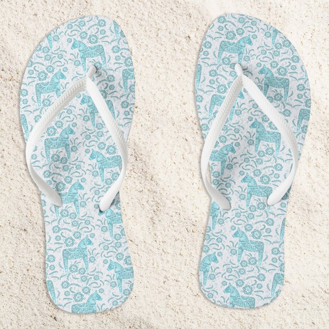 Dala Horse Swedish Aquamarin Green and White Patte Flip Flops (Swedish Dala Horse teal green and white patterned flip flops)