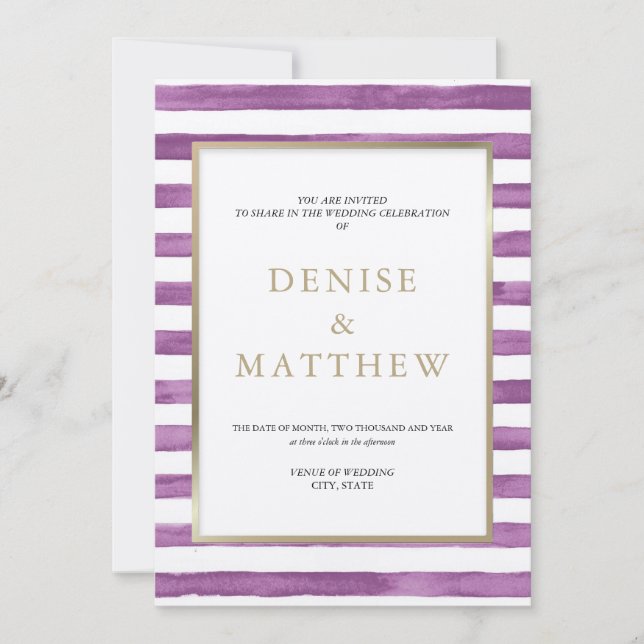 Dalia Lila Wasserfarben Streifen und Goldschrift Einladung (Vorderseite)