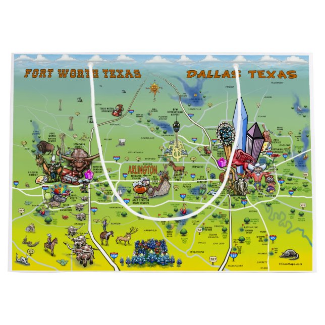 Dallas Fort Worth Texas Cartoon Karte Große Geschenktüte (Vorderseite)