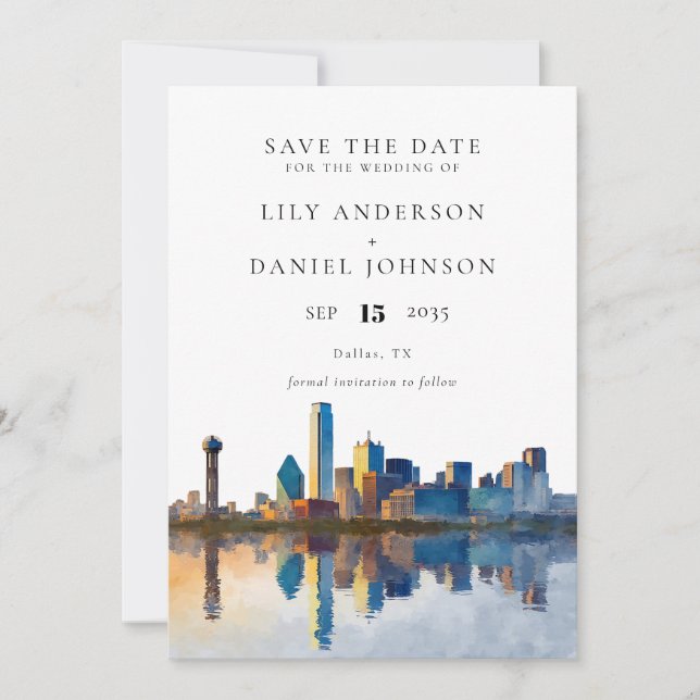 Dallas Skyline Aquarell-Foto-Hochzeit Save The Date (Vorderseite)