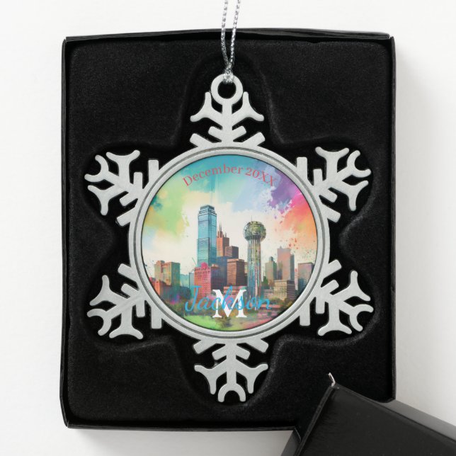Dallas Skyline Snowflake Pewter Weihnachtsschmuck Schneeflocken Zinn-Ornament (Box)