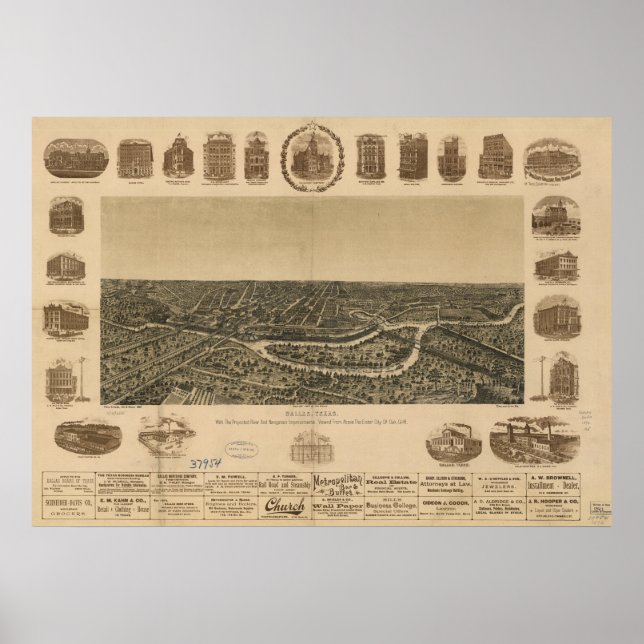 Dallas Texas 1892 Antique Panoramabalkarte Poster (Vorne)