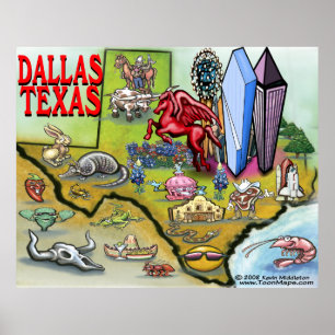 Dallas TEXAS Cartoon Karte Poster