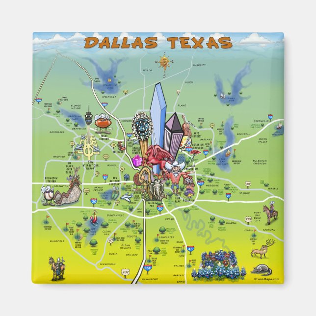 Dallas Texas Cartoon Map Magnet (Vorne)