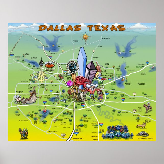 Dallas Texas Cartoon Map Poster (Vorne)