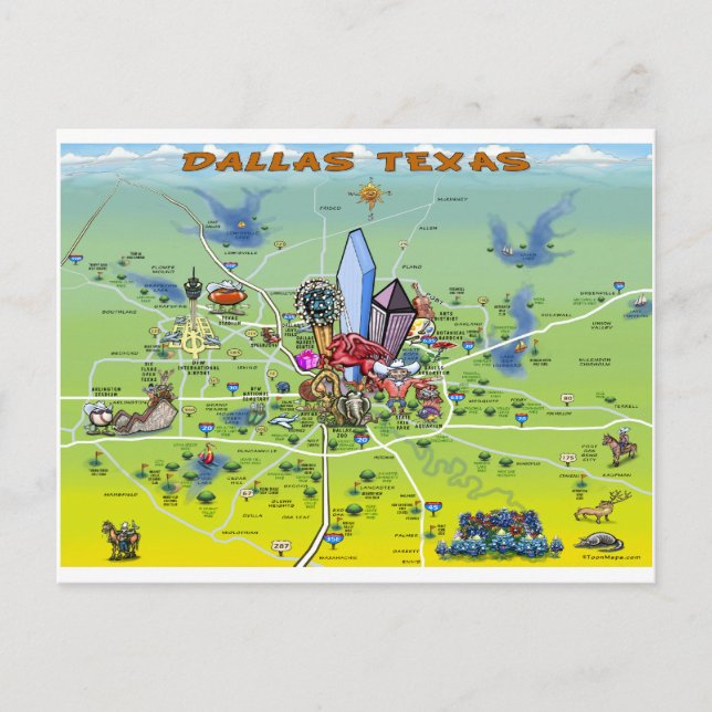 Dallas Texas Cartoon Map Postkarte (Vorderseite)