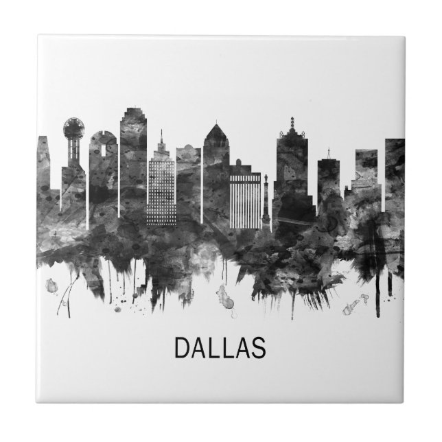 Dallas Texas Skyline BW Fliese (Vorderseite)