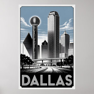 Dallas Texas Skyline Schwarz Weiß Holzschnitt Poster