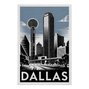 Dallas Texas Skyline Schwarz Weiß Holzschnitt Poster